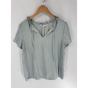 Boden Silk Blend Ruffle Neck Top Women Sz 10 Blue Geometric Short Sleeve Blouse